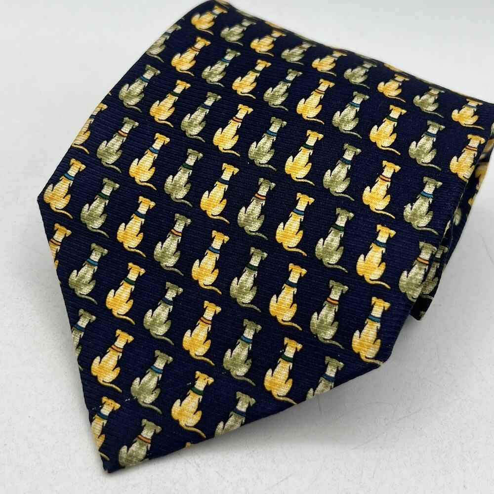 Korean Air 100% Silk Neck Tie Uniform Labrador Lab Dogs Blue Gold Aviation 3.75"